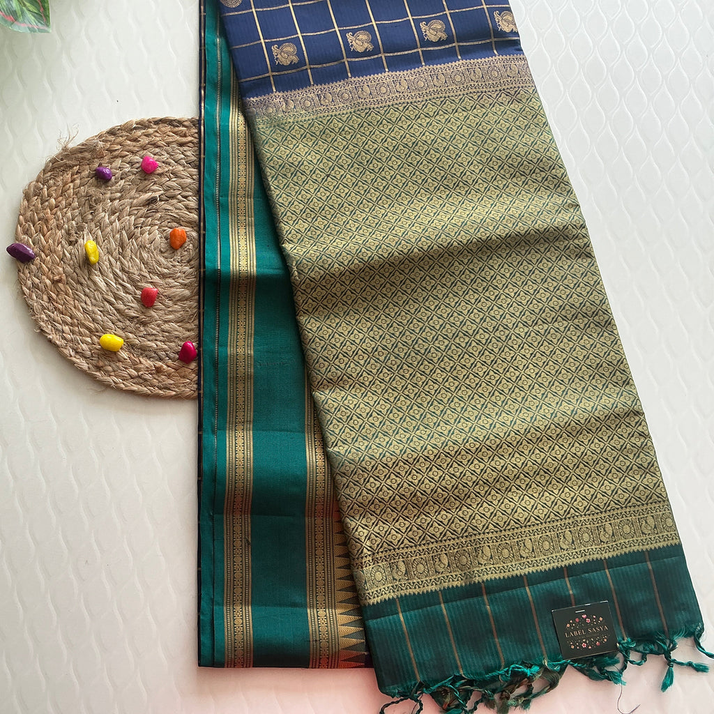 ROYAL BLUE KANCHI PATTU SAREE WITH TEAL BLUE ZARI BORDER
