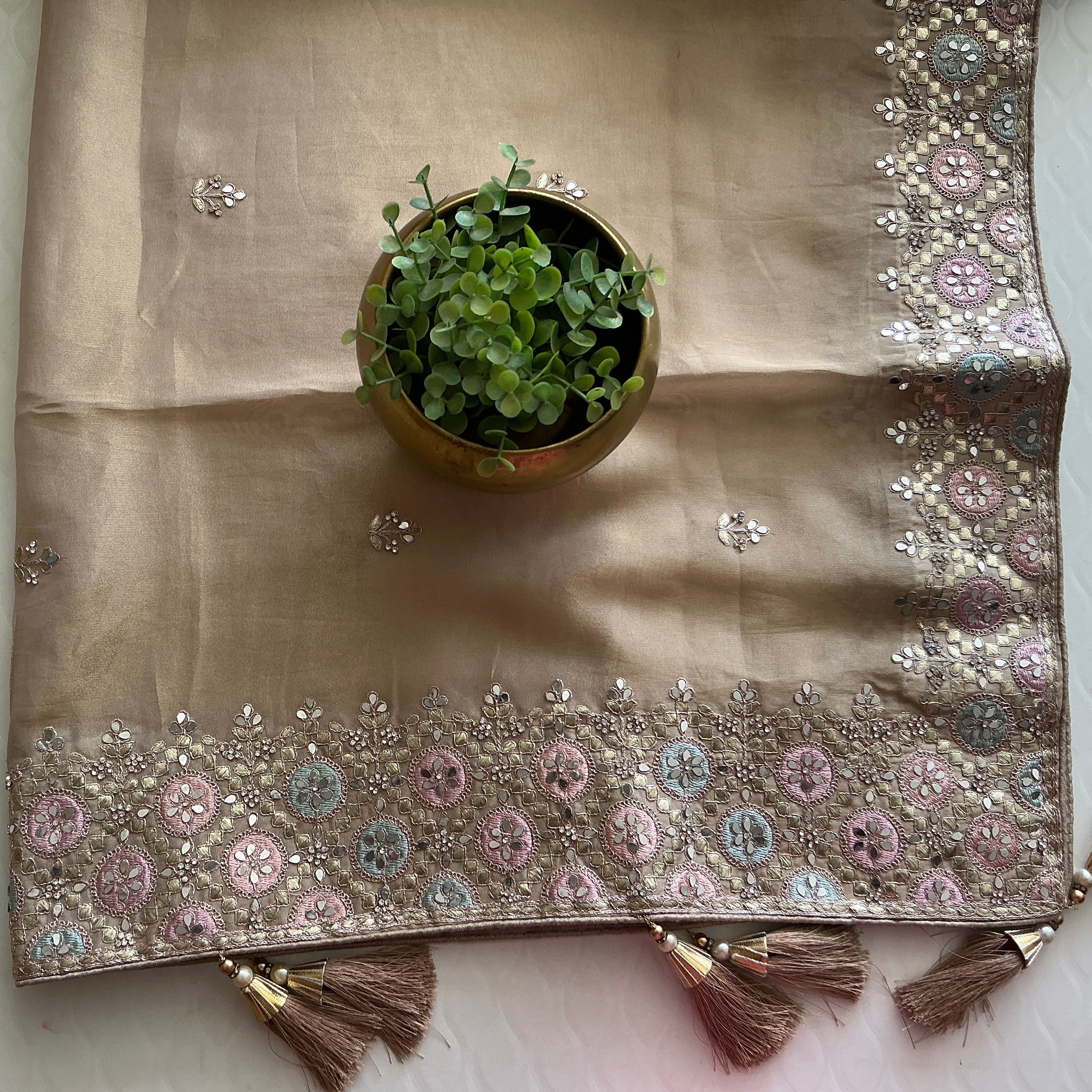 PREMIUM MIRROR WORK SAREE CREAM COLOUR