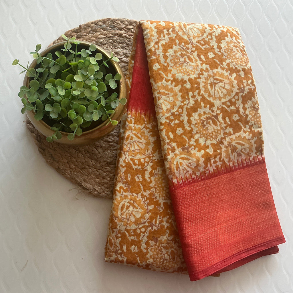 PREMIUM COTTON SILK SAREE YELLOW AND ORANGE