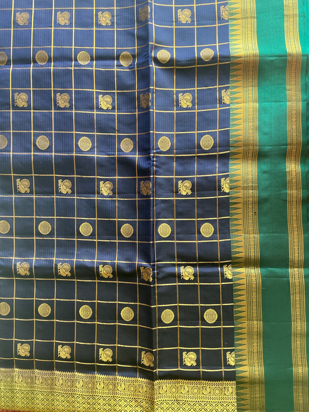 ROYAL BLUE KANCHI PATTU SAREE WITH TEAL BLUE ZARI BORDER