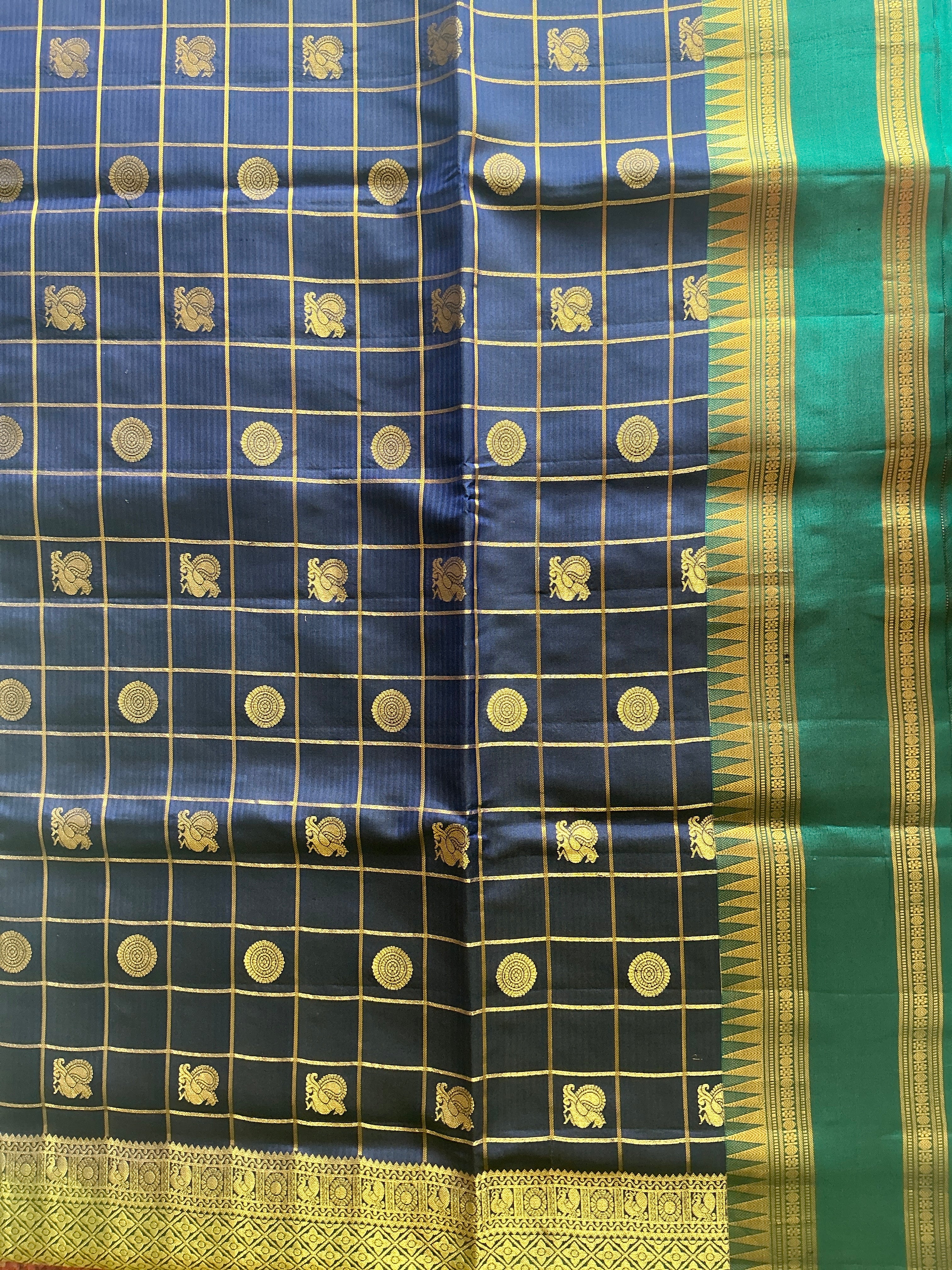 ROYAL BLUE KANCHI PATTU SAREE WITH TEAL BLUE ZARI BORDER