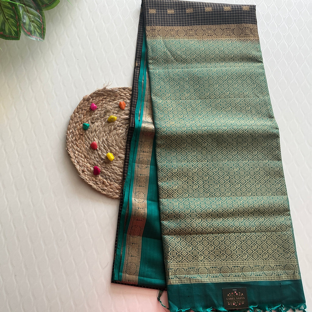 PREMIUM KANCHI  PATTU SAREE DARK BROWAN AND SKY BLUE BUTTAS