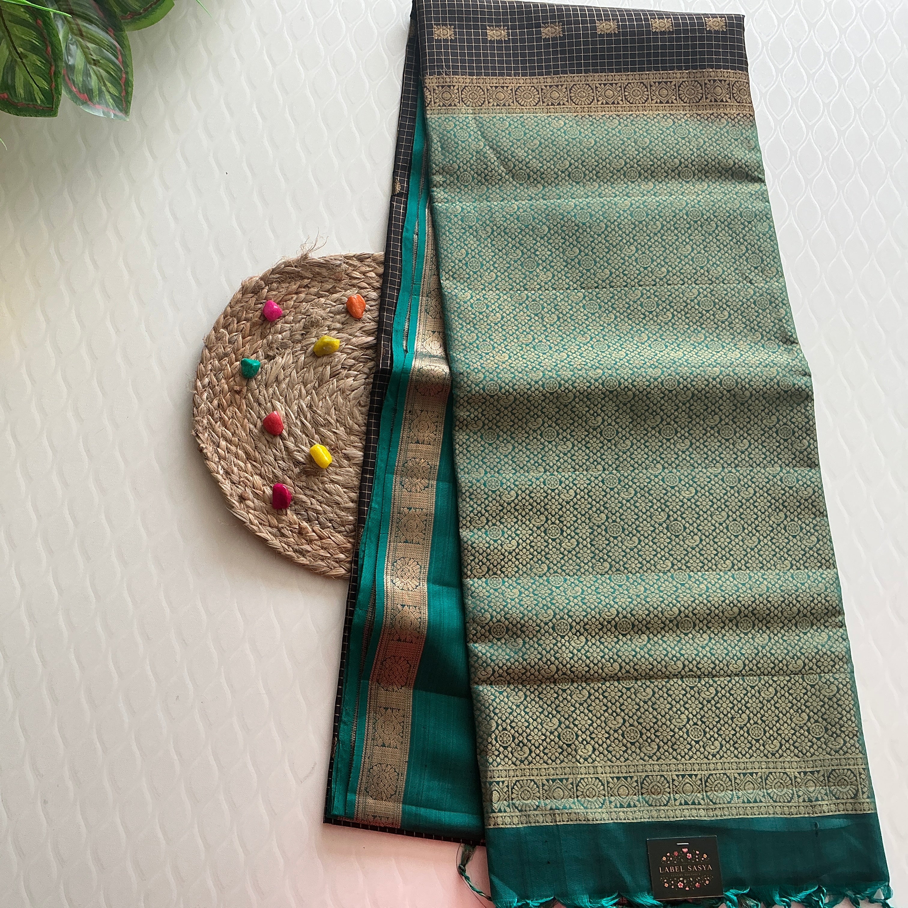 PREMIUM KANCHI  PATTU SAREE DARK BROWAN AND SKY BLUE BUTTAS