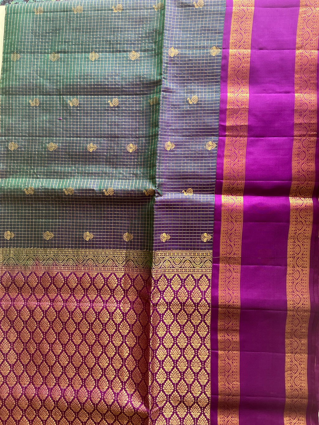 TRADITIONAL TEAL BLUE  AND PURPLE KNCHI  BUTTAS PATTU SAREE