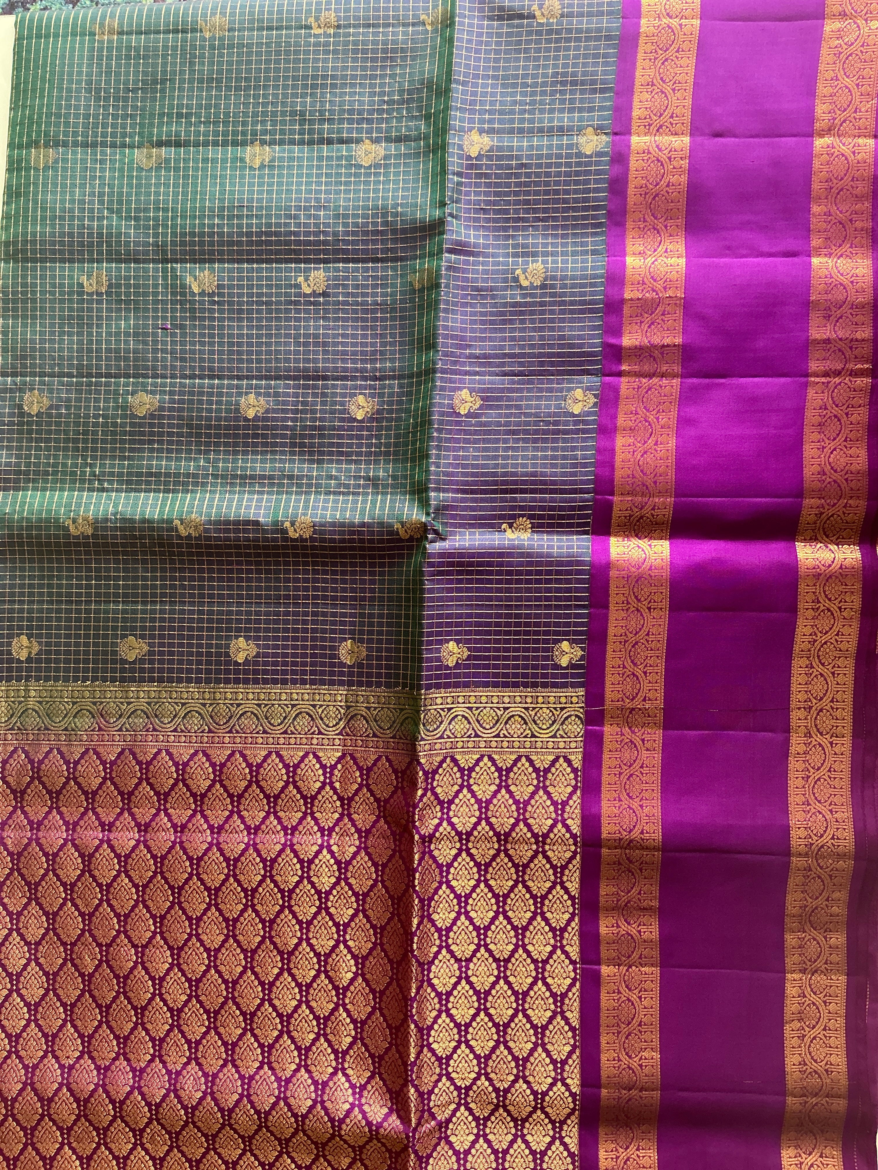 TRADITIONAL TEAL BLUE  AND PURPLE KNCHI  BUTTAS PATTU SAREE