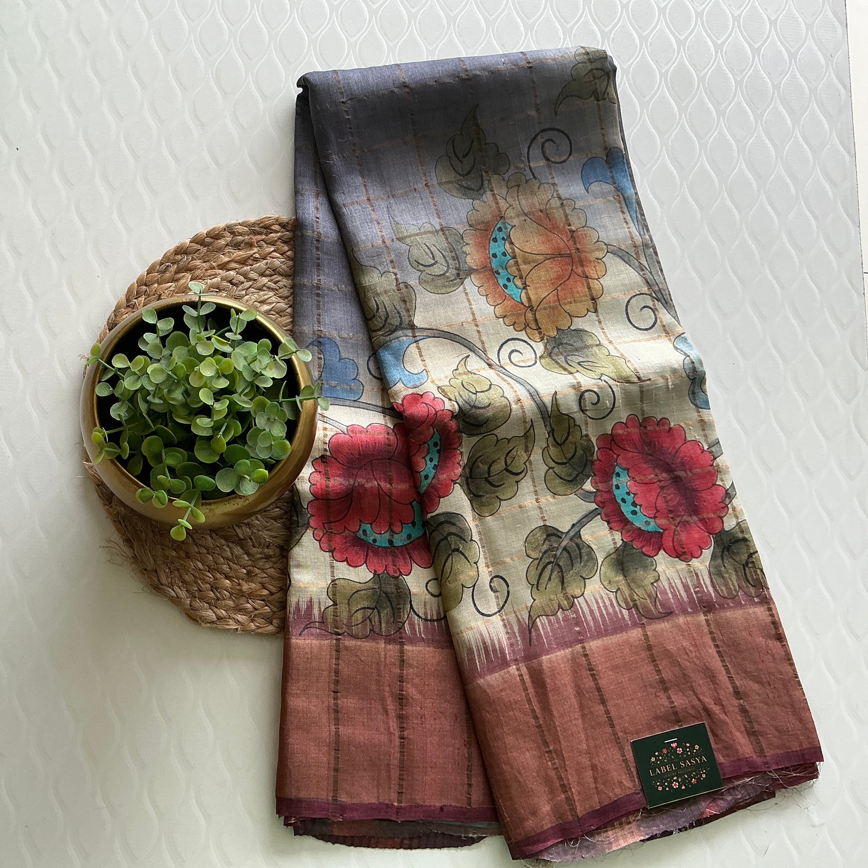 PREMIUM TUSSER CHECKS SAREE ASH AND KALANKARI BORDER