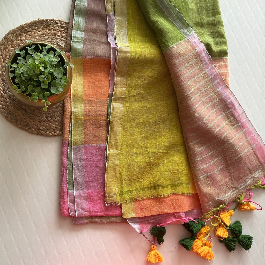 PREMIUM PURE LENIN CHECKS SAREE MULTI COLOUR