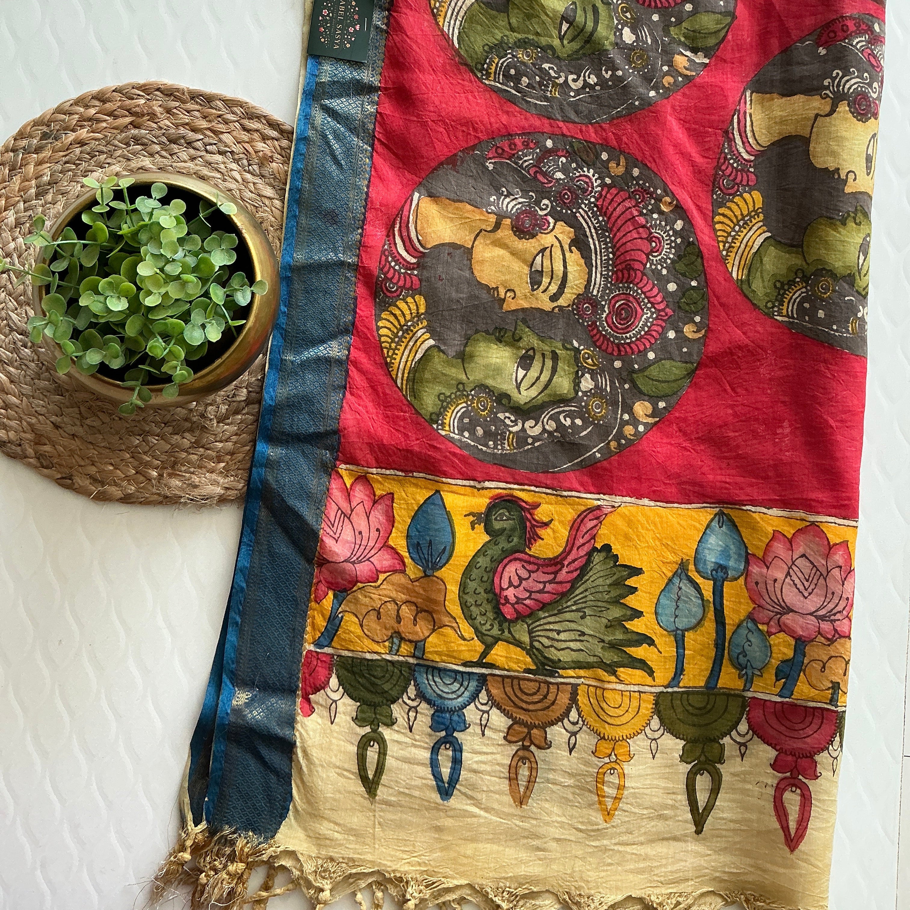 PREMIUM KALANKARI RED AND BLUE BORDER DUPATTA