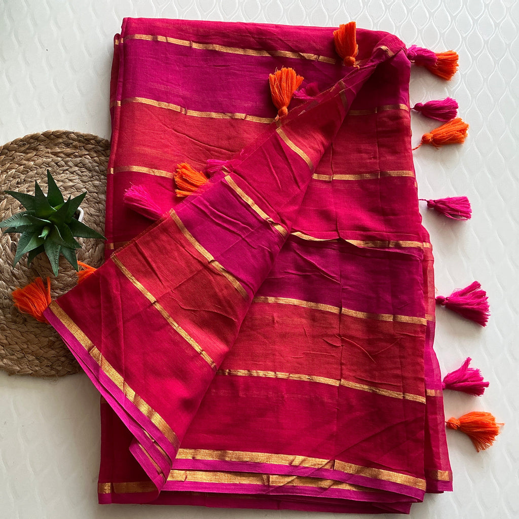 PREMIUM  RAINBOW MUL COTTON  SAREE PINK & ORANGE