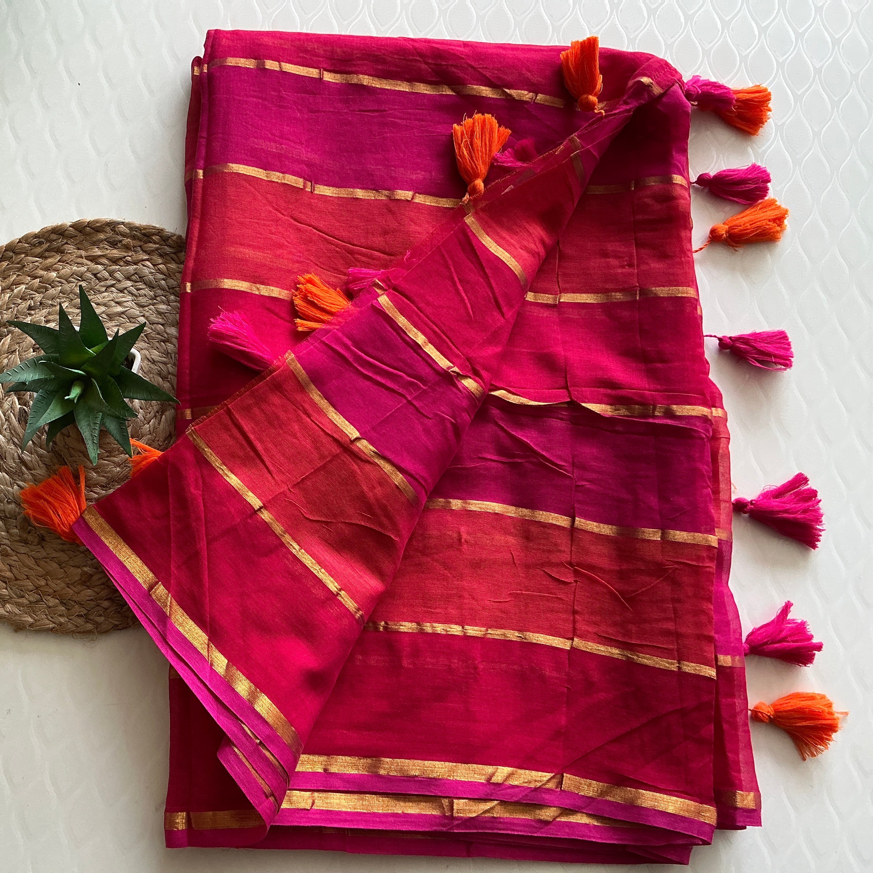 PREMIUM  RAINBOW MUL COTTON  SAREE PINK & ORANGE