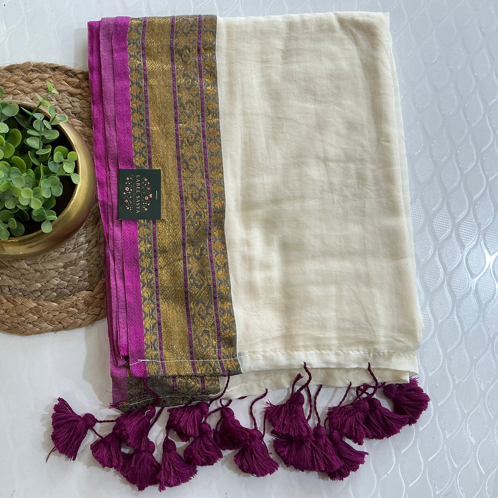 PREMIUM MUL COTTON WHITE AND PURPLE KANCHI BORDER SAREE