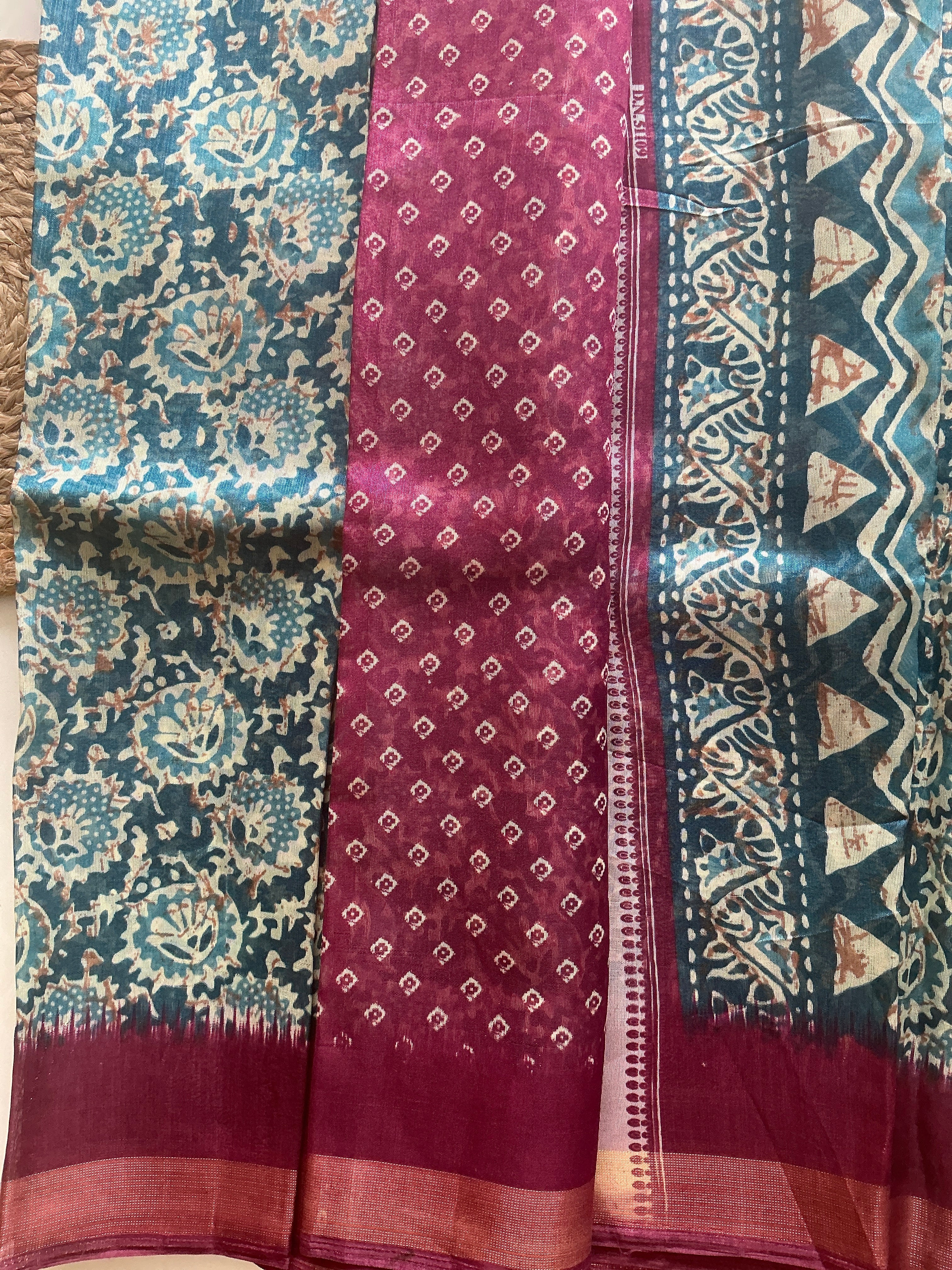 HERITAGE SILK COTTON SAREE BLUE AND MENGANTA BORDER