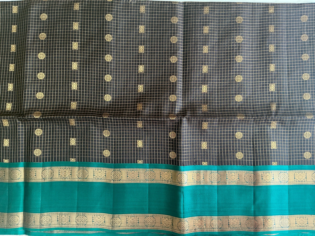 PREMIUM KANCHI  PATTU SAREE DARK BROWAN AND SKY BLUE BUTTAS